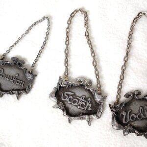 Vintage Metzke Decanter Tags 1975 Pewter Vodka Bourbon Scotch 3 pc Lot